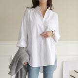 Long Sleeve White Blouse Fashion Spring Buttons Loose Clothes Office Women Tops Casual Cotton Irregular Long Shirt