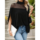 Women's Clothing 2025 Spring And Summer Women's T-Shirt Fashion Nets With Bare Shoulder Bat Sleeve High Collar Top In Spring And
