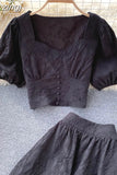 Two Piece Set Women Vintage Square Collar Short Sleeve Tops + High Waist A-Line Skirt Female Suits 2023