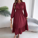 Shooting 2025 Autumn And Winter Pure Color Elegant Wood Ear Waist 100 Folding Long Dress Women's