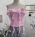 Shooting Pure Wind Lotus Leaf Side With A Word Shoulder Bra Small Vest Short Three-Dimensional Flowers Sleeveless Top