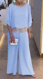 New Solid-Color Suit Round-Collar Sleb Set Of Bright Bat Shirt Wide Leg Trousers Set For