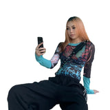 Spring 2024 New Round-Neck Collar Long-Sleeved Mesh Printing Casual Women's Top