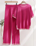 Fashion Suit Temperament Bumpy Open Fork Short-Sleeved Knit Shirt High Waist Thin Leg Trousers Two