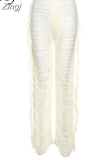 Y2K Solid Knitted Straight Pants for Women Hipster Tassel Hollow Out High-Waist Bottoms Streetwear Christmas