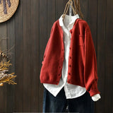 Spring And Autumn Knitted Cardigan Coat Women Retro Literature And Art Loose Leisure Long-Sleeved Sweater