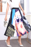 New Fashion Women Vintage Summer Party Pleated Casual Print A Line Skirts Robe Femme One Size Lastic Band Midi