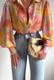 Lantern Sleeve Blouses 2023 Fashion Tops Spring Office Lady Vintage Floral Shirt Ladies Button Up Long Sleeve Shirts