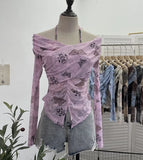Shot Shoulder Strap Hanging Neck Pure Lust Wind Long-Sleeved T-Shirt Repair Cross-Folded Open Fork Short Top