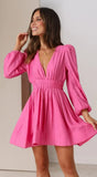 Zingj Years Of Fashion New Show Thin Deep V Close Waist Pleated Skirt Place Long Sleeve Dress