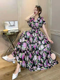 Short-Sleeved Chiffon Print Big Swing 100 Fold Design Dress A-Dress Loose Waist With Inner Lining Dress