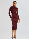 2025 New Women's Dress Sexy Bag Hip Hot Diamond Fork Long Sleeve