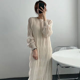 Chic Gentle And Elegant Round Collar Fold Texture Design Loose Leisure Lantern Sleeve Chiffon Dress