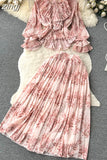 Autumn Women Draped Floral Two Piece Set Vintage Flower Printed Ruffle Blouse + High Waist Pleated Skirt 2Pcs Suits