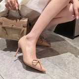 High-Heeled Women's Bow Temperament With Black Sexy Pointed Shallow Single Shoes 2025 Early Spring
