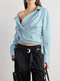 Zingj 2024 New Niche Design Irregular Cross Off-Shoulder Design Sense Long-Sleeved Shirt Women's Simple