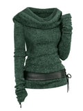 Cowl Front Lace Up Belted Sweater Spring Tops Tee For Women Solid Black Green Light Gray 211-0-Outfit
