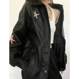Vintage Embroidered Star Pu Leather Jacket-Outfit