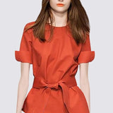 New Summer Shirt Women Tops Office Lady Short Sleeve Blouse O-neck Orange Shirts Fashion Lace-up Clothes Blusa Mujer