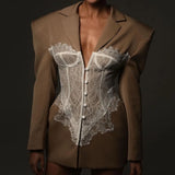 Design Lace Splicing Suit Women's Fashion Sexy Hottie Waist Straight