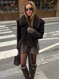 Brown Faux Fur Collar Suede Short Jacket- Outfit