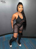 Sexy Mesh Women 2 Piece Set Halter Lace Up Low Neck Sleeveless Romper+Thong Panties Workout Midnight Clubwear