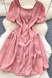Vintage Square Collar Single Breasted Mini Dress Women Elegant Short Sleeve High Waist Ruffle Patchwork Casual