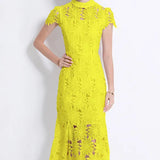High-End Heavy Industry Hollow Water-Soluble Lace Collar Dress Female Summer Temperament Elegant Fishtail Dress