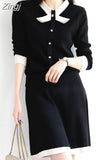 Ladies Women Sweater Skirt Suit Casual Knitted Female Skirts Suits Bow Button Two Piece Sets Womens Outifits Winter