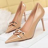 Shoes Metal Button Woman Pumps Patent Leather High Heels Luxurious Sexy Party Shoes Stiletto Heels Ladies Large Size