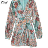 Women Vintage V Neck Cashew Nuts Floral Print Chiffon Mini Dress Female Chic Long Sleeve Twist Hollow Out Vestidos