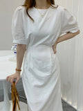 Summer Women Simple Casual Solid Midi Dress Female Short Sleeve A-line Fashion Holiday