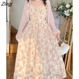 Lace Strap Dress Women Floral Embroidery Fairy Vintage Long Dress Female Sweet Princess Casual Party Dresses 2022