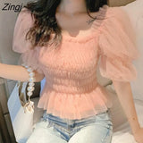 Sheer Lace Shirts Women Sexy Off Shoulder Slim Tunic Crop Tops Harajuku Fashion Elegant Short Sleeve Mesh Party