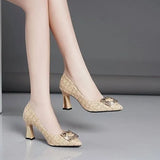 Light-Mouthed Single-Shoe Women 2025 Spring And Autumn New Trend Water Drill Square Buckle And Coarse Heel With Skirts 42