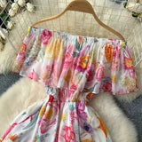 Shoulder Lotus Leaf Side Waist Print Chiffon Dress Women 2025 Spring New Holiday Temperament