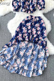 Bohemian Floral Printed Sets Women Sexy Slash Neck Short Tops + High Waist Ruffle Irregular Skirt Suit Female New