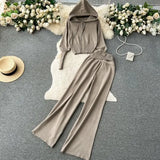 And Winter Solid Knitted Hooded Hooded Jersey Blouse High Waist-Hanging Feeling Trousers Casual Two Sets Of
