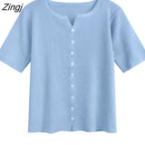 Sleeve T-shirts Women Candy Color Knitted Button Loose All-match Summer Students Leisure Daily Tops Female Lady
