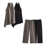 Women's ZA Hanging Neck Collar Minimalist Asymmetrical Top With Trousers