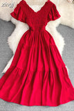 Women Vintage Draped Midi Dress Elegant Purple/Yellow/Red V-Neck Short Sleeve High Waist A-Line Big Swing Vestidos