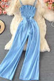 Women Denim Romper Sexy Strapless Draped High Waist Jumpsuits Female Black/Blue Wide Leg Spaghetti Strap Rompers