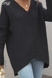 Women's Oversized Sweater V Neck Blue Autumn Winter Loose Nit Pullover 2023 Female Knitted Sweaters for Women 2023