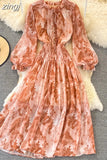 Women Printed Long Dress Vintage Ruffle Stand Collar Puff Sleeve High Waist Elegant Maxi Robe Female Big Swing