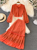 Lace Two Piece Set Vintage V-Neck Puff Long Sleeve Short Blouse + High Waist A-Line Ruffle Skirt Female