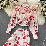 Chiffon Two Piece Set Women Autumn Bohemian Vacation Beach Short Tops And Ruffle Irregular Long Skirt Female Print Suit