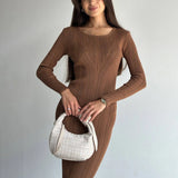 Wind Solid Color Knitted Dress Female Spring And Autumn Temperament Waist Long Sleeve Long