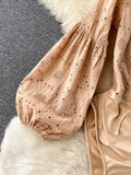 Women Sexy Hollow Out Lace Playsuits Khaki V-Neck Bandage Romper Elegant Puff Long Sleeve High Waist Embroidered Jumpsuits