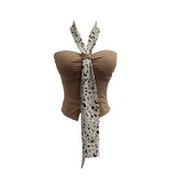 Shot Leopard-Print Silk Scarf Hanging Neck Design Folded Bra Strap Chest Pad Vest Short Sleeveless Top Lady