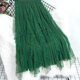 Pearl Pleated Tulle Skirt For Women Autumm Korean Irregular Beaded Wave Cut Elastic High Waist Mesh Pleated